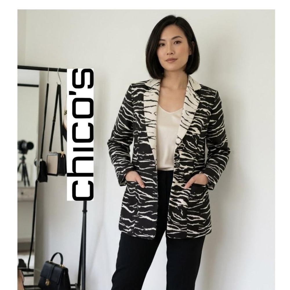 Chicos Zebra Print Blazer Black White Cotton Jacquard Single Button Jacket Sz 0